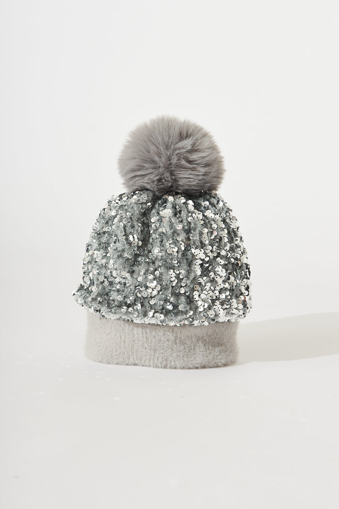 August + Delilah Figuera Knit Beanie In Grey Sequin - front