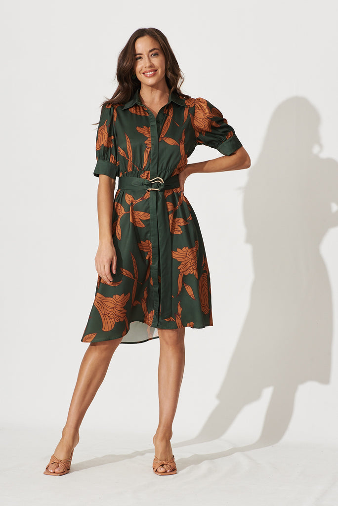 Kristel Shirt Dress In Khaki With Rust Leaf Print Satin - full length