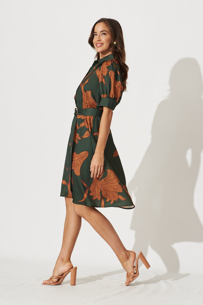 Kristel Shirt Dress In Khaki With Rust Leaf Print Satin - side