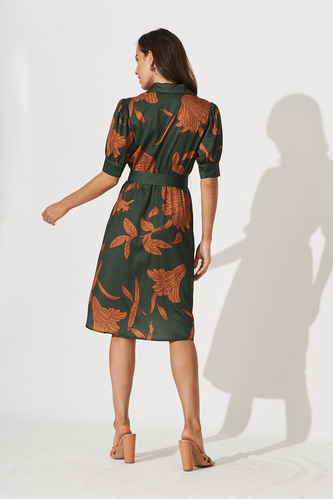 Kristel Shirt Dress In Khaki With Rust Leaf Print Satin - back