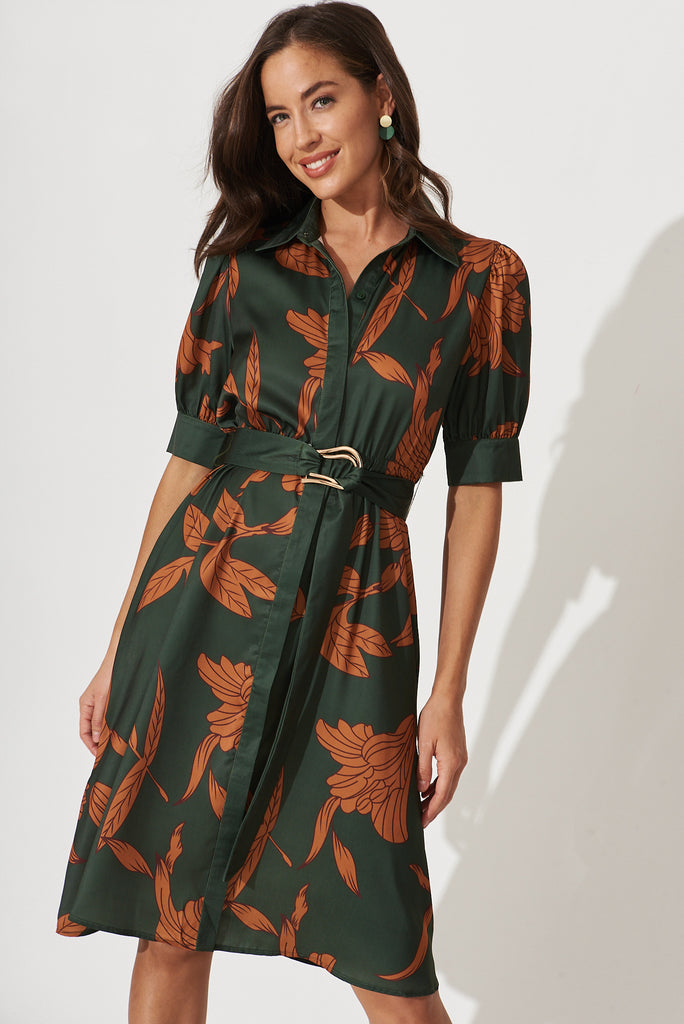 Kristel Shirt Dress In Khaki With Rust Leaf Print Satin - front