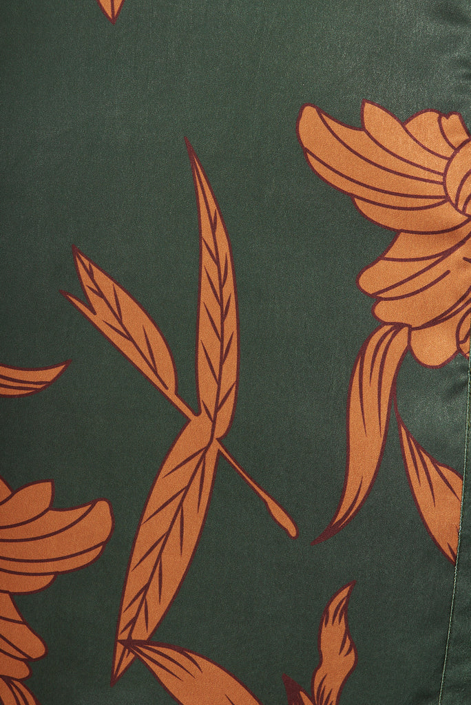 Kristel Shirt Dress In Khaki With Rust Leaf Print Satin - fabric