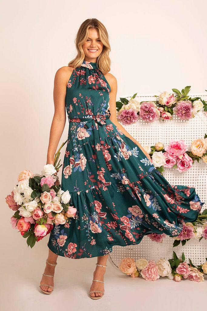 Khalo Dress In Green With Blush Floral