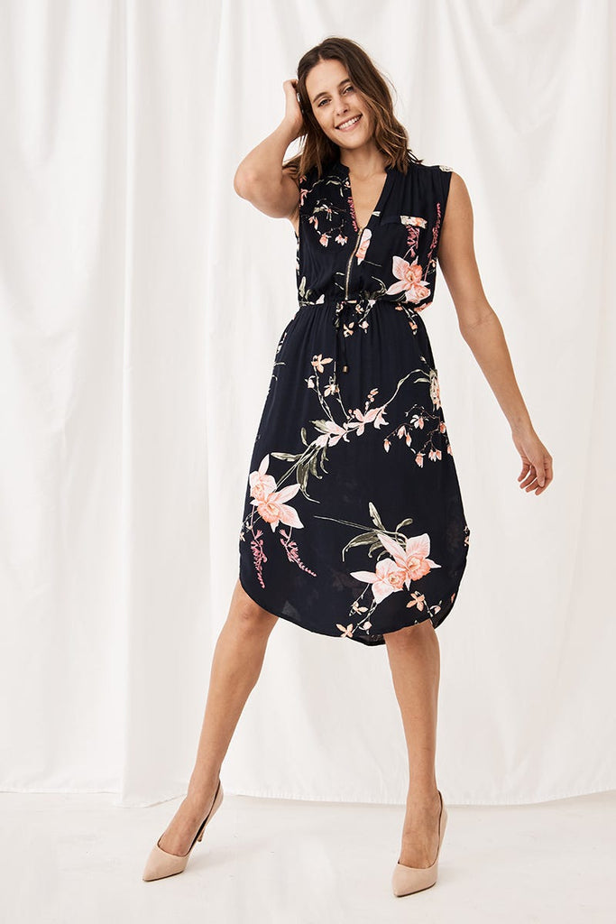 Shire Zip Dress In Navy With Apricot Floral