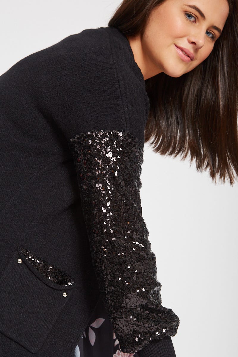 Shine On Black Knit Cardigan with Sequin Sleeve St Frock