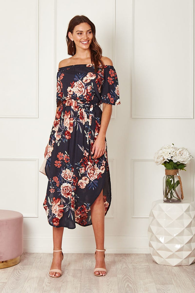 Hummingbird Dress in Navy with Rust Floral