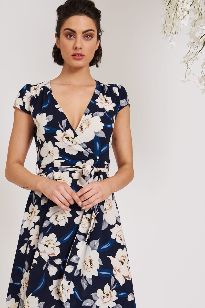 Krissy Wrap Dress In Navy Floral – St Frock