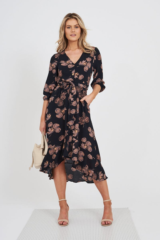 Cora Midi Dress in Charcoal With Apricot Floral