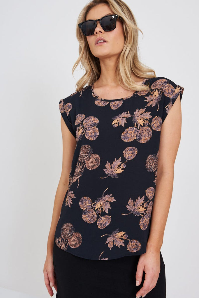 Rejina Top in Charcoal with Apricot Floral