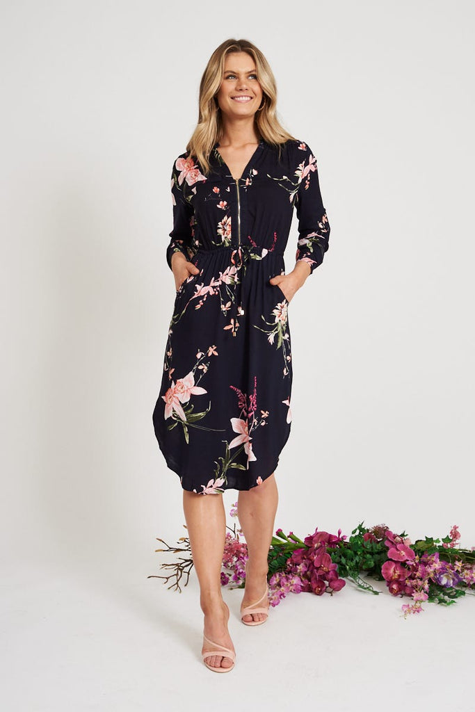 Rival Zip Dress In Navy With Apricot Floral