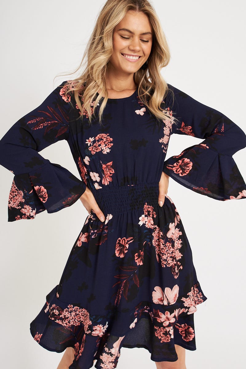 Riverview Dress in Navy with Pink and Blush Floral – St Frock