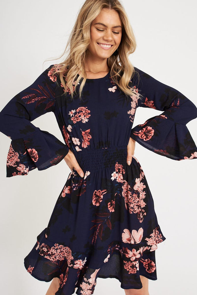 Helena Dress in Navy with Blush Floral – St Frock