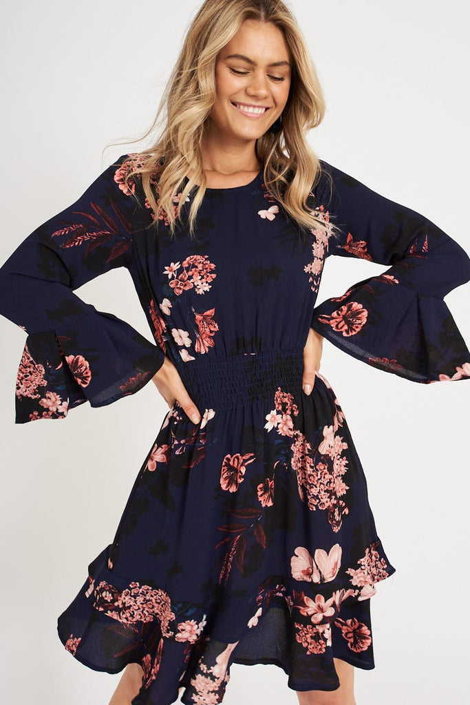 Riverview Dress in Navy with Pink and Blush Floral