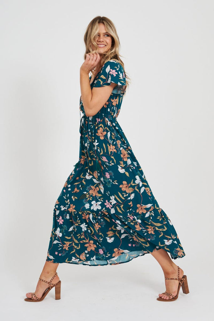 Jemora Maxi Dress In Teal With Apricot Floral