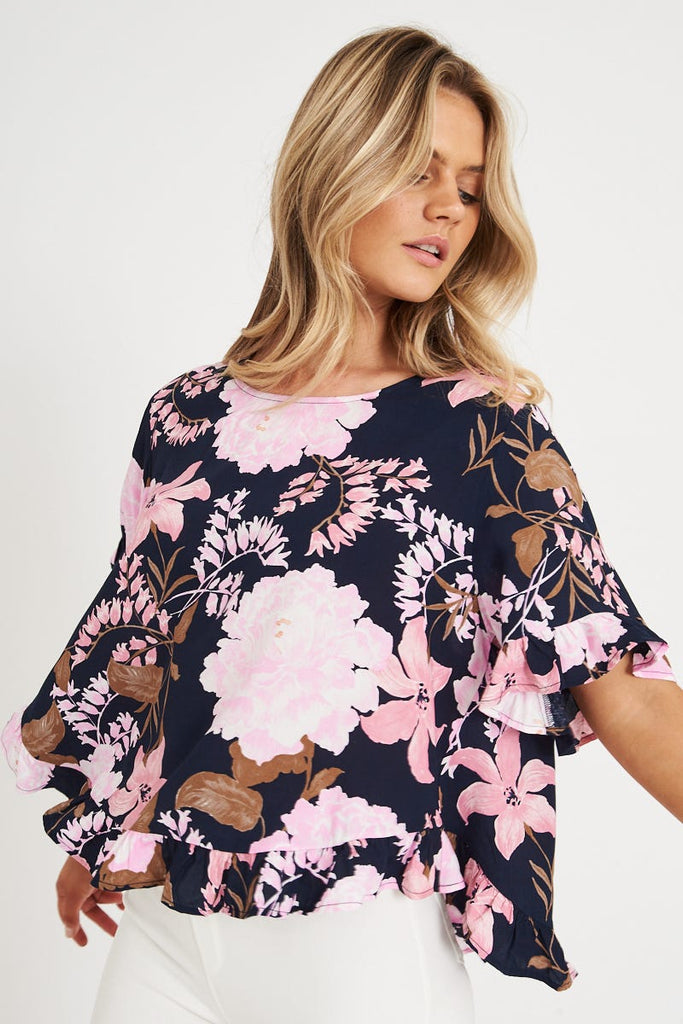 Oceania Top in Navy with Pink and Lilac Floral