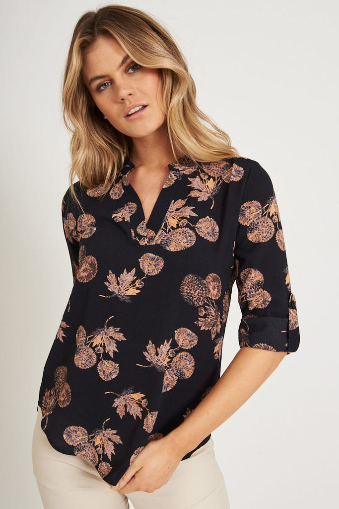 Vienna Blouse in Charcoal with Apricot Floral