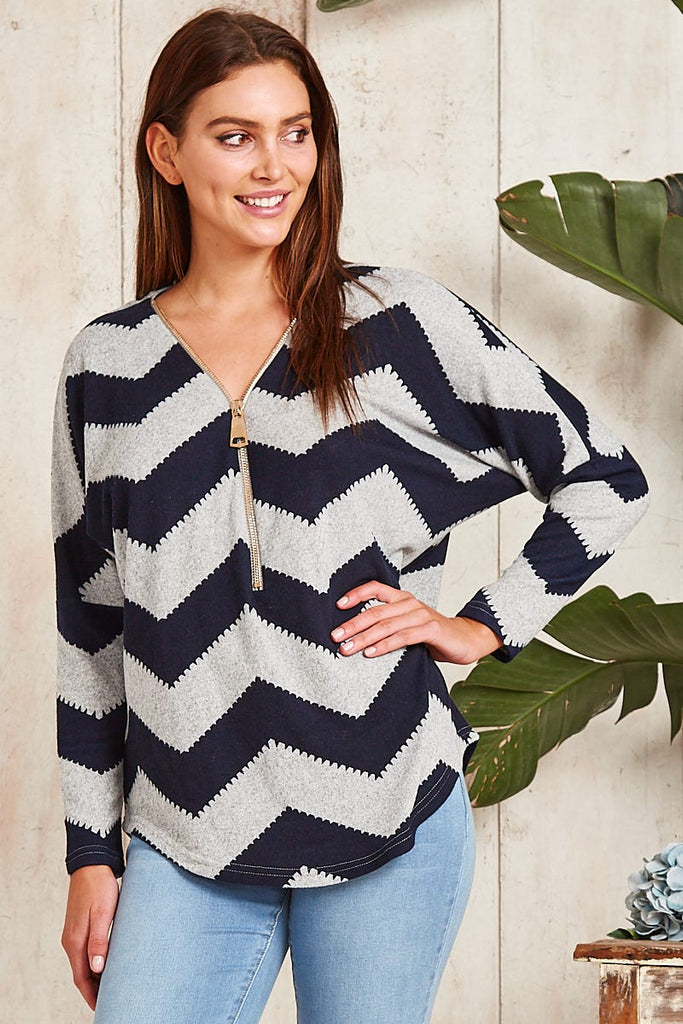 Shelley Knit Top in Grey and Navy